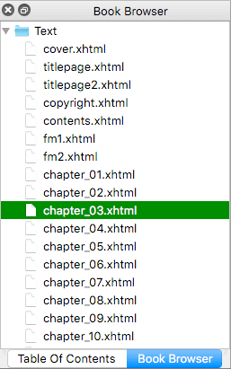 Image of Book Browser window tabbed with Table Of Contents window.